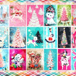 Urocze, vintage'owe, kiczowate, różowo-niebieskie świąteczne wydruki, etykiety na prezenty, kartki świąteczne DIY