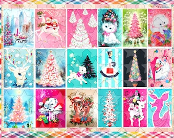Adorable Vintage Retro Kitschy Pink and Blue Christmas Printables, Holiday Gift Tags, DIY Christmas Card