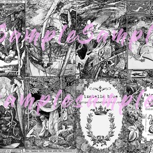 Może przedstawiać: Czarno-biała książka do kolorowania z ilustracjami syren, smok&oacute;w i innych mitycznych stworzeń. Okładka zawiera tekst "Fairy Tales Coloring Zine" i koronę.
