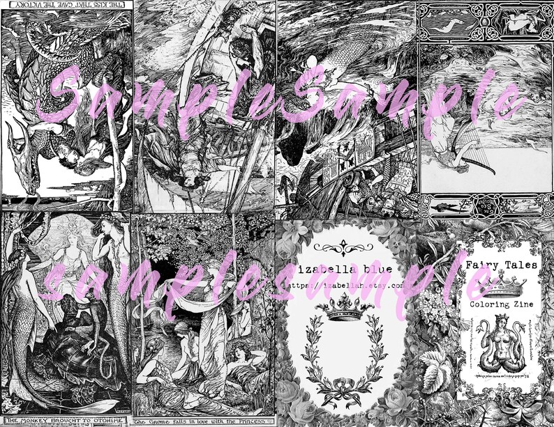 Może przedstawiać: Czarno-biała książka do kolorowania z ilustracjami syren, smok&oacute;w i innych mitycznych stworzeń. Okładka zawiera tekst "Fairy Tales Coloring Zine" i koronę.