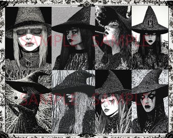 Witches Printable Digital Collage Sheet, Pen & Ink Sketched Witches for Junk Journals, Halloween