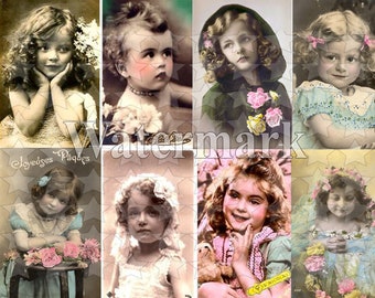 Instant Digital Download Collage Sheet Beautiful Little Victorian Girls Shabby Chic Pastel Colors Flowers Altered Art Tags Junk Journal