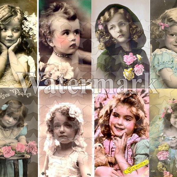 Instant Digital Download Collage Sheet Beautiful Little Victorian Girls Shabby Chic Pastel Colors Flowers Altered Art Tags Junk Journal