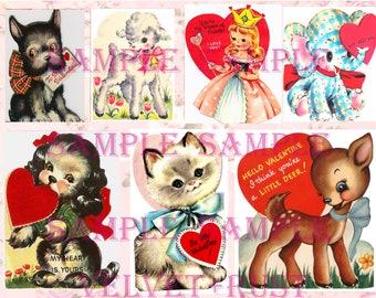 Adorable Vintage Retro Animals Valentine Cards, Valentine Images, Scrapbook, Junk Journal, Retro Cards, Holiday Collage Sheet