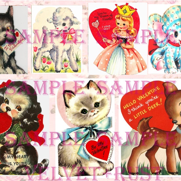 Adorable Vintage Retro Animals Valentine Cards, Valentine Images, Scrapbook, Junk Journal, Retro Cards, Holiday Collage Sheet
