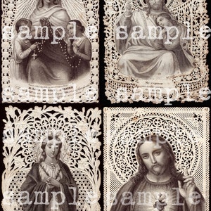 Digital Collage Sheet instant Digital Download Rare Antique French Paper Lace Holy Prayer Card Catholic Saint Jesus Sacred Hearts Madonna