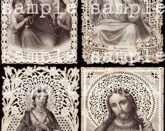 Digital Collage Sheet instant Digital Download Rare Antique French Paper Lace Holy Prayer Card Catholic Saint Jesus Sacred Hearts Madonna