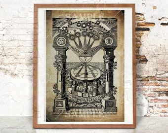 Lámina de arte medieval masónico imprimible, lámina de alquimia, arte oculto, alquimia mágica, geometría sagrada, decoración esotérica del hogar.