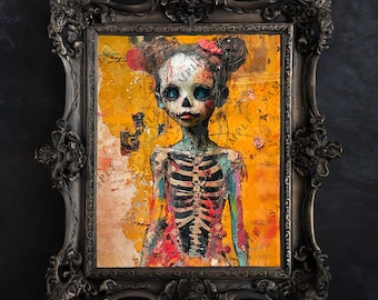 Hoja de collage digital imprimible de una linda y espeluznante niña zombi, pintada con acrílico pesado para diarios basura o arte mural imprimible de Halloween.