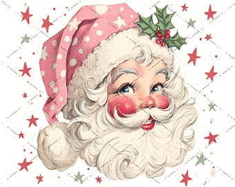 キュートな1950年代風ピンクのレトロサンタ、プリント可能なヴィンテージクリスマスサンタクロース、ホリデークリスマスカード、ジャンクジャーナル、キッチュなミッドセンチュリーMCM