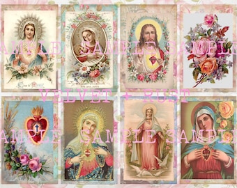 Tarjetas de oración antiguas religiosas, collage imprimible digital, imágenes vintage de la Virgen María y Jesús del Sagrado Corazón.
