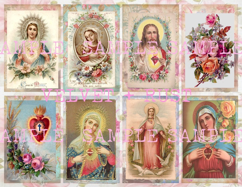 Religious Antique Prayer Holy Cards, Digital Download Collage Sheet Printable, Sacred Heart, Vintage Mary Jesus Madonna images image 1