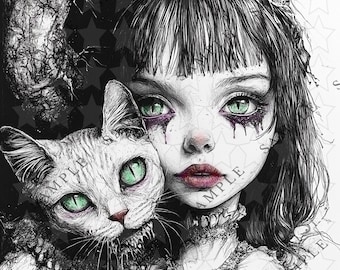 Alicia en el país de las maravillas: Niña con gato, collage digital imprimible, boceto a pluma y tinta para diarios basura, Halloween