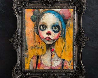 Hoja de collage digital imprimible de una linda y espeluznante niña zombi, pintada con acrílico pesado para diarios basura o arte mural imprimible de Halloween.