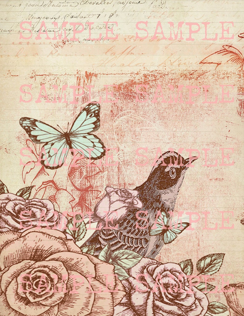 May include: Vintage-style illustration featuring a bird, butterflies, and roses in shades of brown, pink, and blue. The design is set against a backdrop of aged paper with script and the word "SAMPLE" repeated across the image.