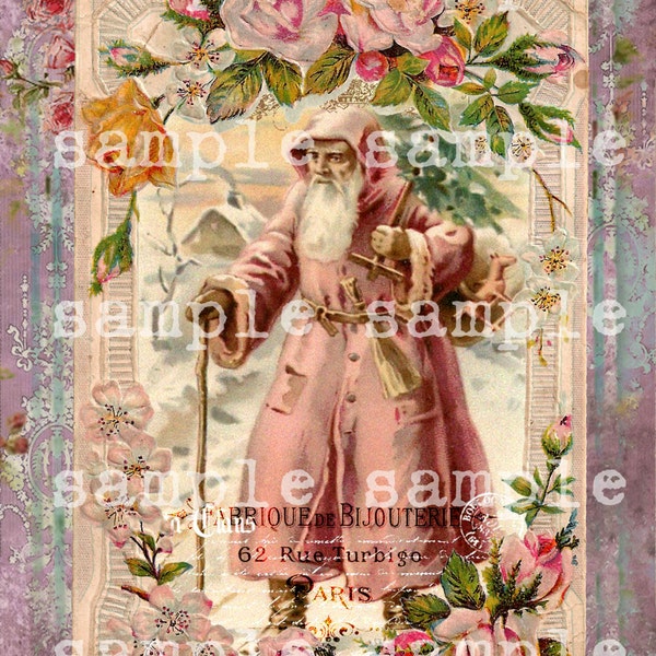 Instant Digital Download Christmas Collage Sheet Vintage Victorian Antique Shabby Chic Santa French Postcard Pink Christmas