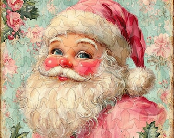 Adorable Papá Noel navideño vintage shabby chic, Navidad rosa retro imprimible, hoja de collage navideño, imágenes de diario basura, arte mural de Papá Noel.
