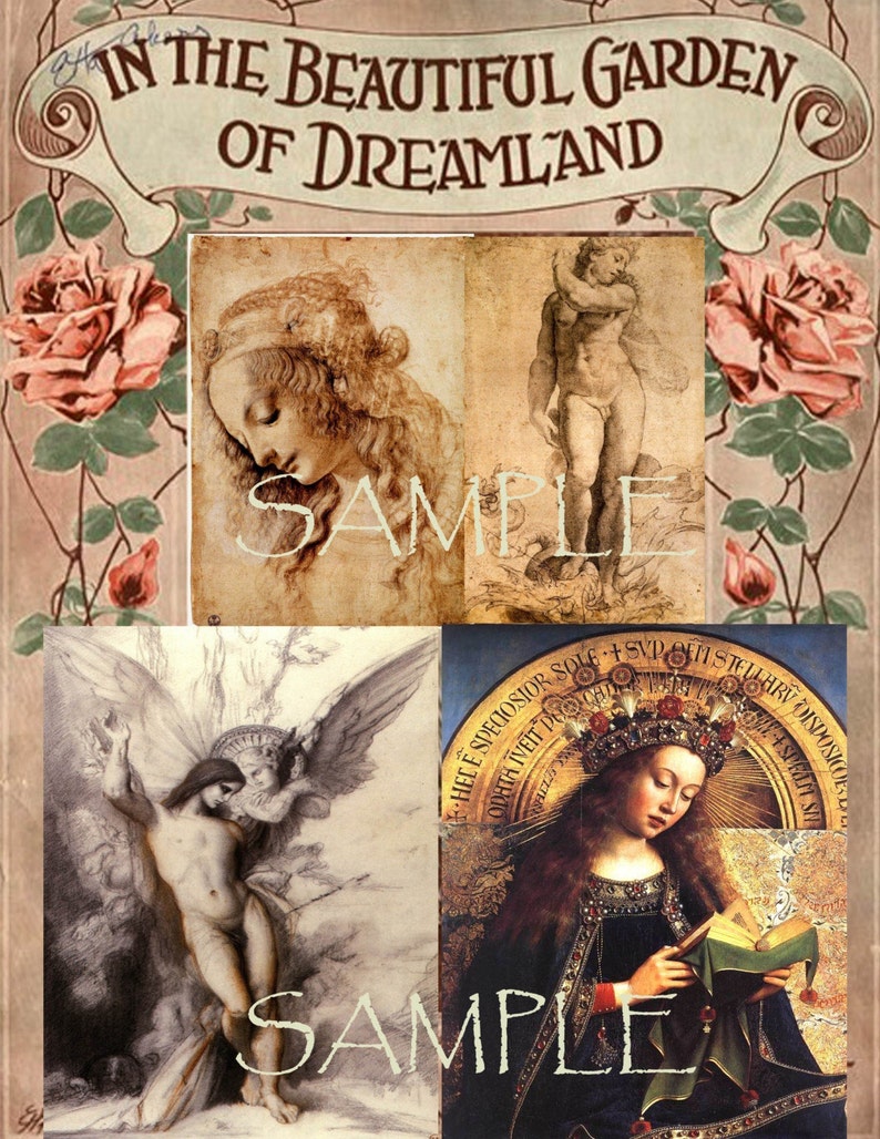 Op de afbeelding: Een vintage kunstafdruk met vier klassieke kunstwerken. De bovenste banner luidt "IN THE BEAUTIFUL GARDEN OF DREAMLAND". De kunstwerken omvatten schetsen en schilderijen van figuren, met het woord "SAMPLE" eroverheen. Rozen omlijsten de boven- en zijkanten.