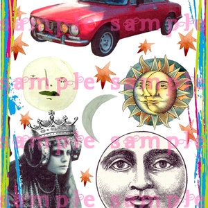 Hoja de collage digital de arte alterado extraño, descargable, vintage, luna, estrellas, clip art extraño, ATC ACEO, kit de collage de fanzine de técnica mixta