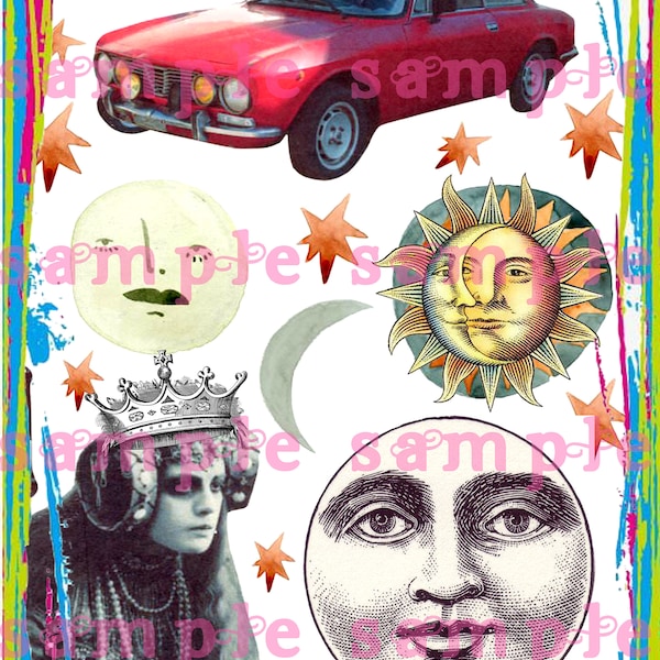 Weird Altered Art Digital Download Collage Sheet Vintage Moon Stars Odd Clip Art ATC ACEO Mixed Media Zine Collage Kit