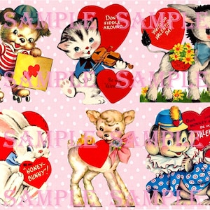 Adorable Retro Kitschy Animals Valentine Cards, Vintage Images, Retro Printable Cards, Holiday Collage Sheet