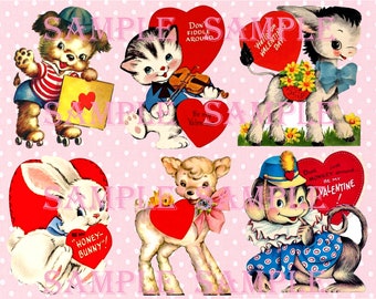 Adorable Retro Kitschy Animals Valentine Cards, Vintage Images, Retro Printable Cards, Holiday Collage Sheet