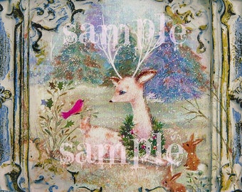 Tarjeta navideña vintage, ciervos y animales, estilo retro kitsch, decoupage de bosque, plantilla digital imprimible para collage.
