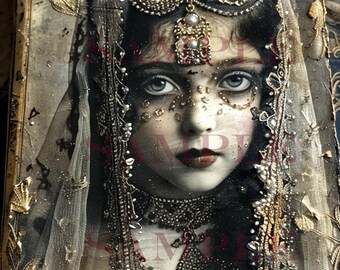 Hermoso retrato de gitana, papel digital imprimible, hoja de collage, revistas basura con técnicas mixtas, arte alterado, fantasía mágica