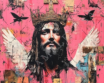 Grafiti de Jesucristo, arte religioso moderno, collage de técnica mixta, diario basura, impresión artística de descarga digital