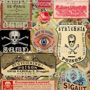 ANTIQUE Poison Apothecary Labels Digital Collage Sheet Printable download Perfume Halloween Vintage Witch potions Antique Labels