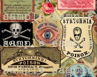 ANTIQUE Poison Apothecary Labels Digital Collage Sheet Printable download Perfume Halloween Vintage Witch potions Antique Labels