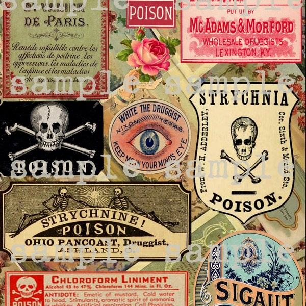 ANCIENNE feuille de collage numérique étiquettes d'apothicaire poison téléchargement imprimable parfum Halloween sorcière vintage potions étiquettes anciennes