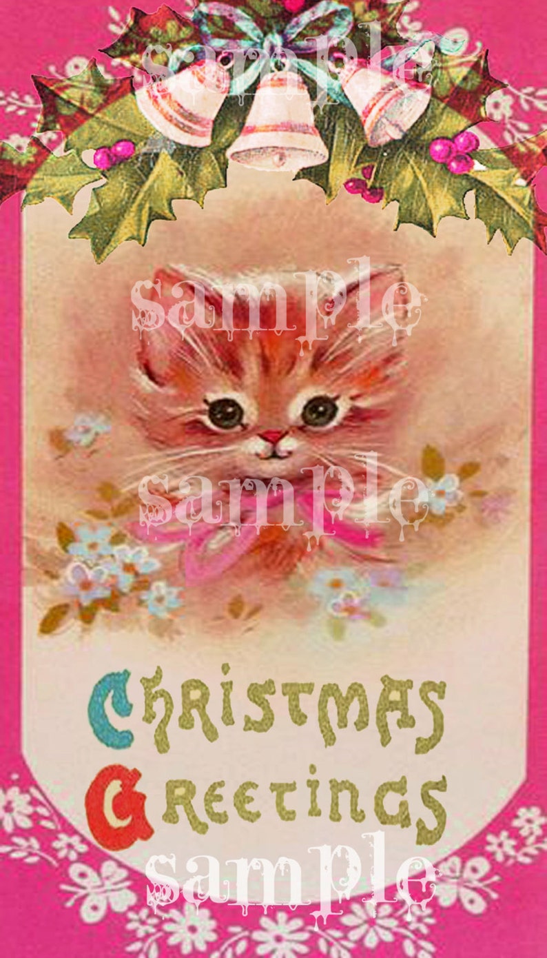 Printable Vintage Retro Kitschy Kitten Pink Christmas Card, Adorable Kitty Cat Painting, Shabby Chic Printable Christmas image 1