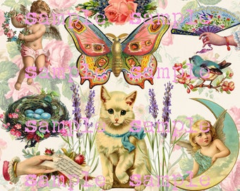 DIY Paper Crafts, Antique Victorian Scrap, Digital Collage Sheet, Cats Birds Butterfly's Angels Roses, Shabby Chic Decoupage Art Supplies