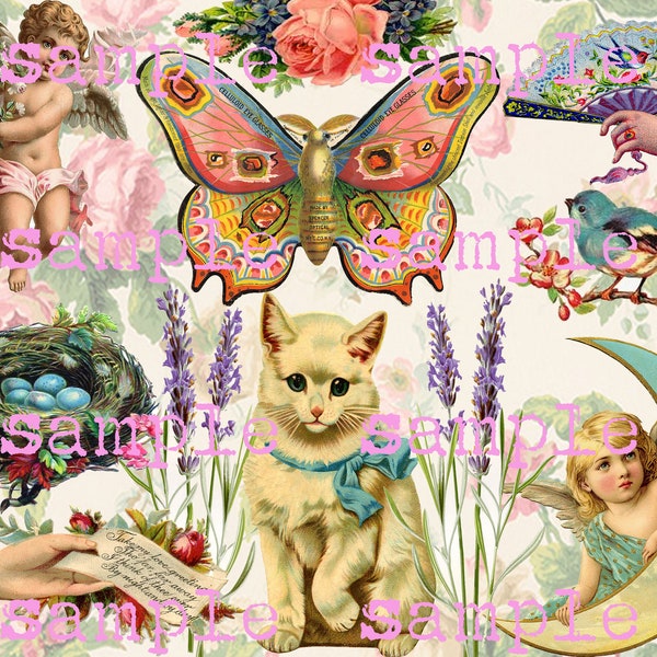 DIY Paper Crafts, Antique Victorian Scrap, Digital Collage Sheet, Cats Birds Butterfly's Angels Roses, Shabby Chic Decoupage Art Supplies