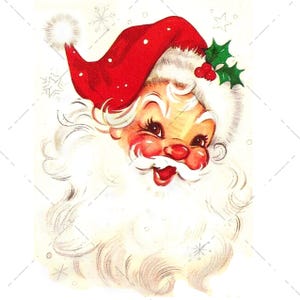 May include: A vintage illustration of Santa Claus with a red hat and white beard. He is smiling and has a jolly expression on his face. The background is white with snowflakes.