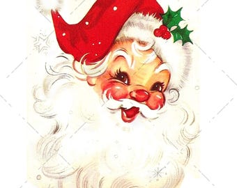 Lindo Papá Noel rojo retro de los años 50, Papá Noel navideño vintage imprimible, tarjeta navideña, diario basura, MCM kitsch de mediados de siglo