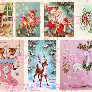 Adorable Printable Vintage Christmas Deer, Retro Christmas Cards, Holiday Collage Sheet, Junk Journal Images, Pink Shabby Christmas