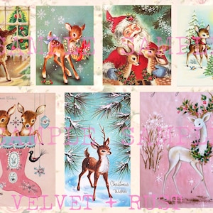 Lindos veados vintage para imprimir, cartões de Natal retrô, folhas de colagem natalina, imagens de diário de lixo, Natal rosa e surrado