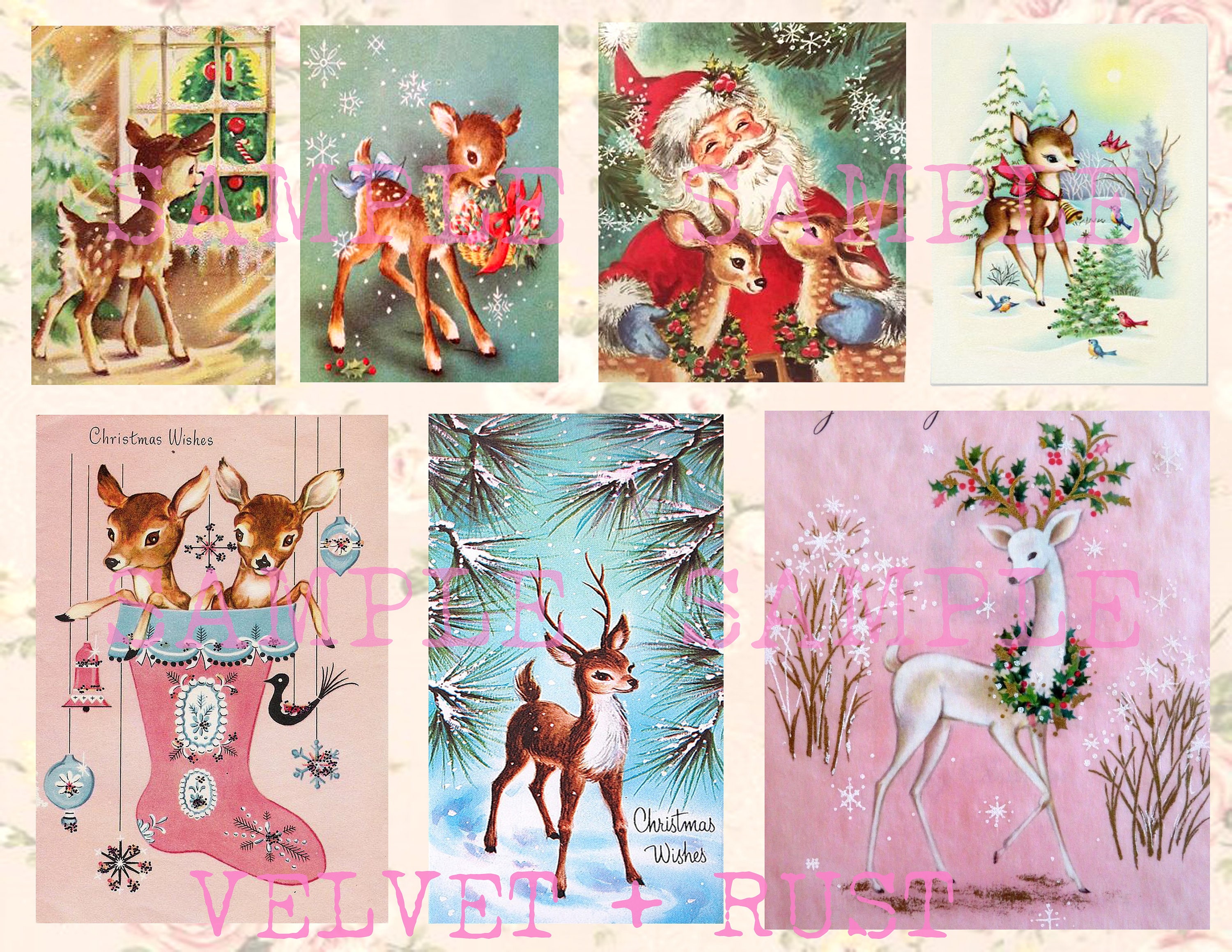 Entzückende druckbare Vintage Weihnachtshirte, Retro Weihnachtskarten, Urlaub Collage Sheet, Junk Journal Bilder, rosa shabby Weihnachten
