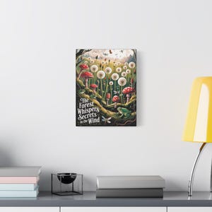 Whimsical Forest Canvas Art Print, Nature Decor for Home, Dandelion and Mushroom Artwork, Woodland Gift Idea, Playful Wall Art