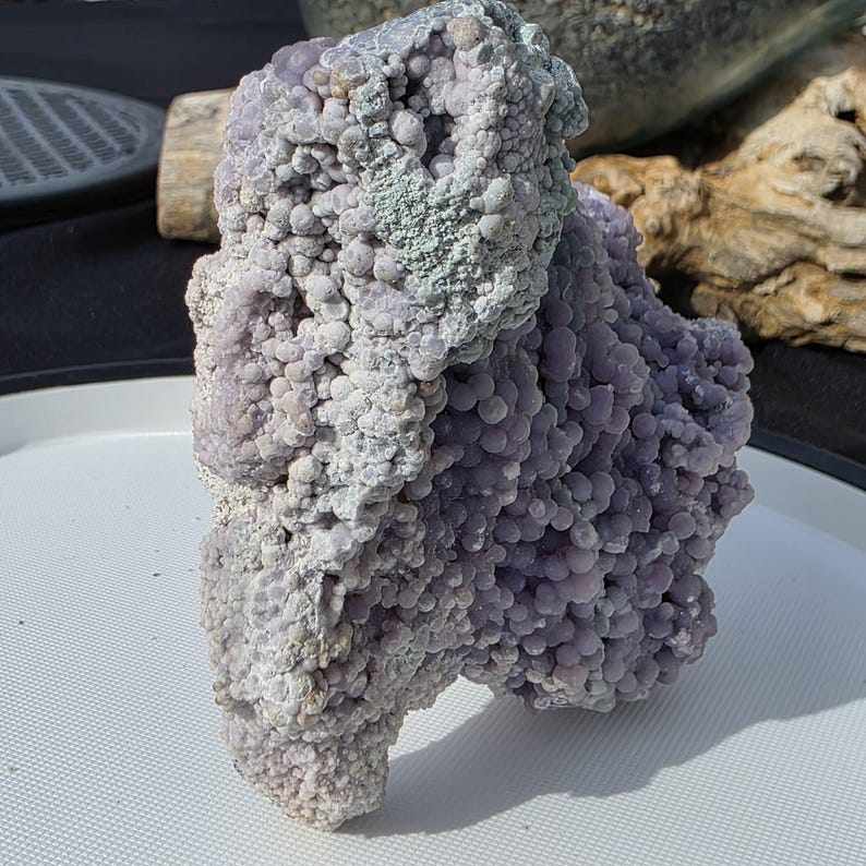 May include: A close-up of a natural, lavender-colored chalcedony specimen. The stone has a bubbly, botryoidal texture with areas of pale green and white. The specimen is displayed on a white surface, showcasing its unique, organic form.