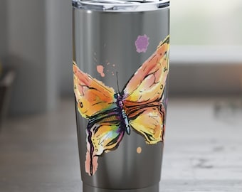 Belle tasse de voyage papillon 20 oz en acier inoxydable, belle double paroi isolée en acier inoxydable, compatible avec un porte-gobelet