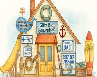 May include: Watercolor illustration of a seaside gift shop. The shop has signs for whale watching, ferry, seafood, gifts, and fishing. A surfboard, fishing rods, and a barrel of fish are also visible. A pelican sits on a post.