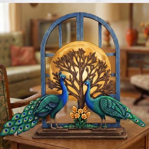 May include: A decorative wooden sculpture featuring two peacocks with vibrant blue and green plumage. They stand before a stylized tree and a yellow moon, framed by a blue arch. The base is brown, and the sculpture includes small yellow flowers.