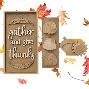 Thanksgiving Wood Sign Inserts - Pumpkin Stack, Sunflower, &#39;Gather Thanks&#39;