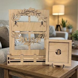 Interchangeable Wooden Window Frame Set • Layered Laser Cut Decor • Seasonal Sign Display