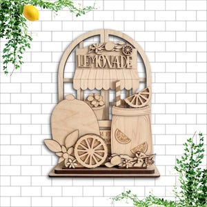 May include: Wooden lemonade-themed sign featuring a mason jar, lemon slices, and the word "LEMONADE". The sign has a rustic, natural wood finish and includes decorative flowers and a lemon slice wheel.
