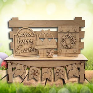 Easter Bench Insert Set  Interchangeable Shelf Sitter Signs  Wooden Spring Decor