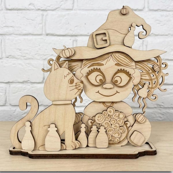 Mała czarownica Lucy i kot DIY: Półka | Zestaw do rękodzieła na Halloween | Wycinany laserowo drewniany element | Malowalna dekoracja jesienna | Taca piętrowa w stylu wiejskim